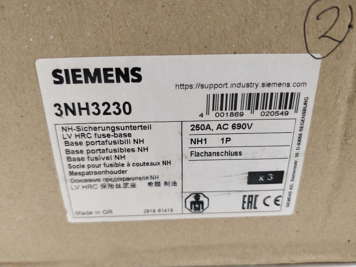 Siemens 3NH3230 LV HRC Fuse Base Sz. 1.