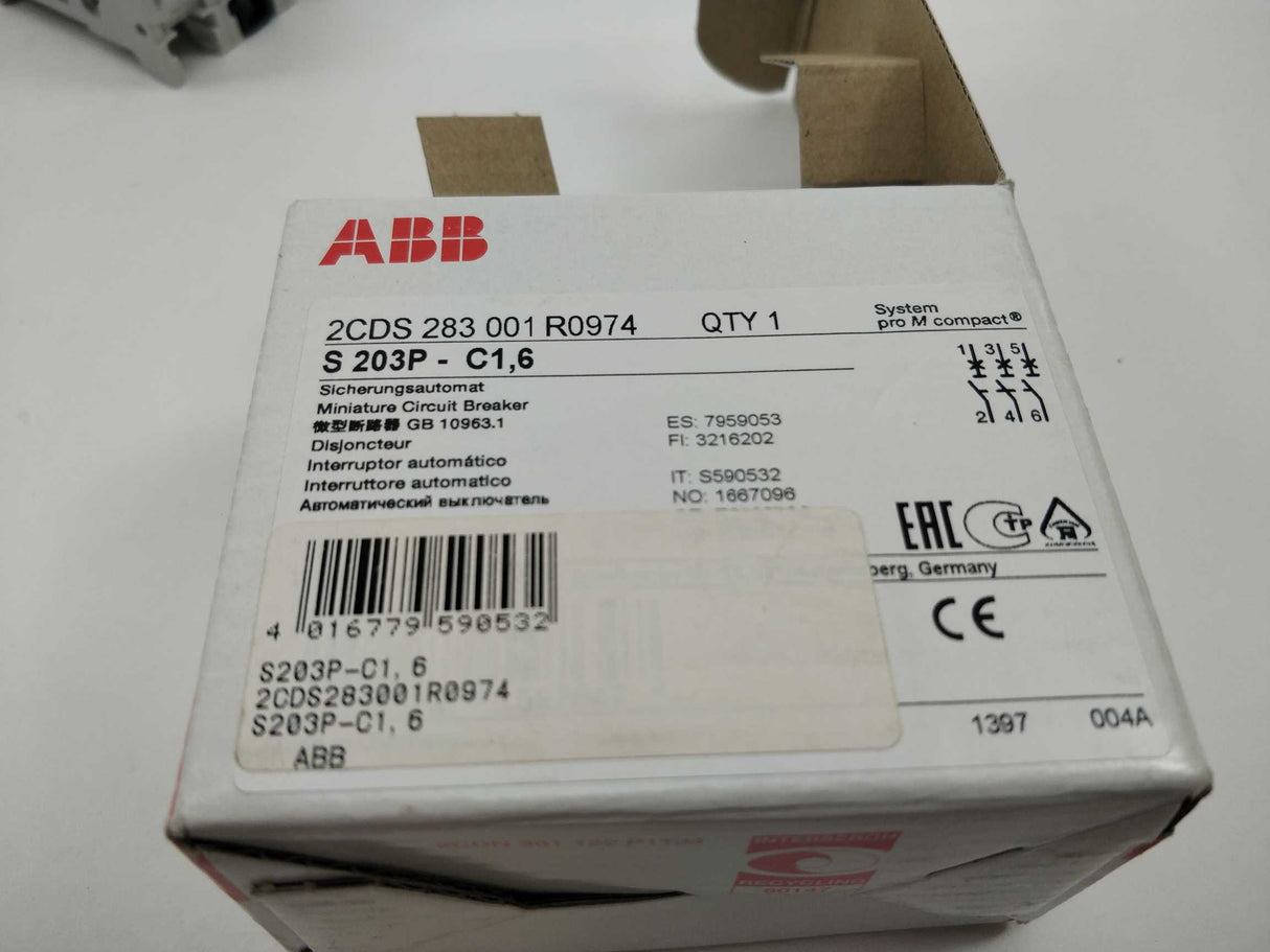 ABB 2CDS283001R0974 S203P-C1.6 Miniature Circuit Breaker - 3P - C - 1.6 A