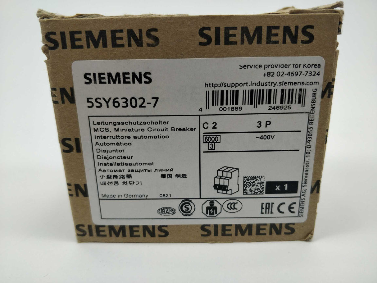 Siemens 5SY6302-7 Miniature Circuit Breaker 400V 6kA 3-pole.  C2 A