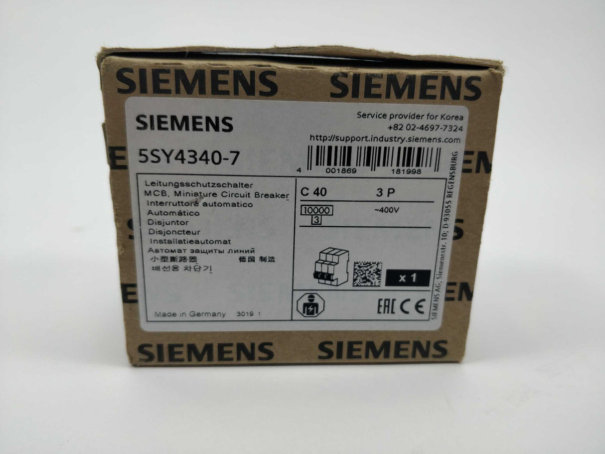 Siemens 5SY4340-7 Miniature Circuit Breaker 400V 10kA 3-pole. C40 A