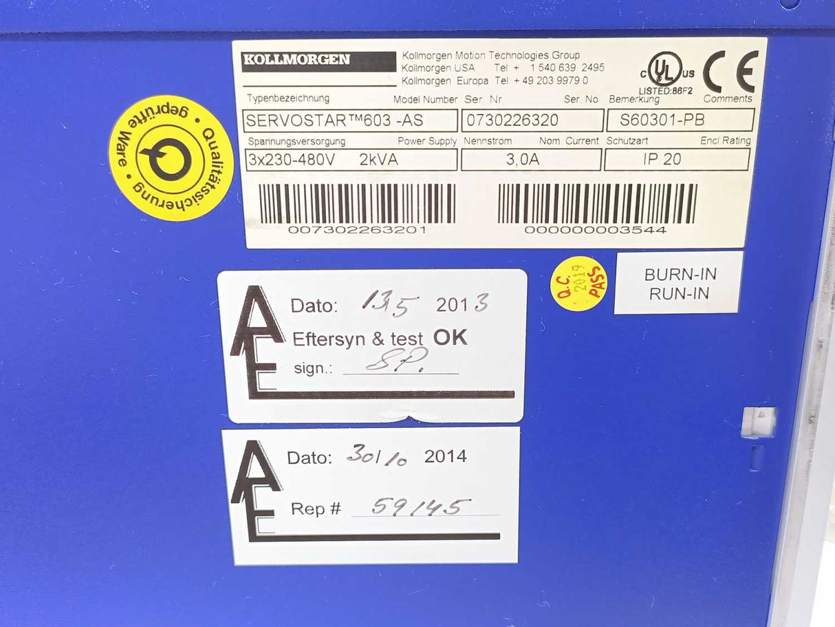KOLLMORGEN SERVOSTAR 603-AS Digital Servo Amplifier S60301-PB