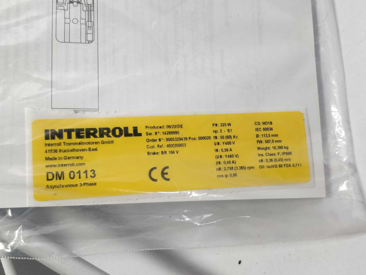 Interroll DM 0113 Drum Motor - 2.758(3.385)rpm - 225W - Ø 113,5mm FW 507,0mm