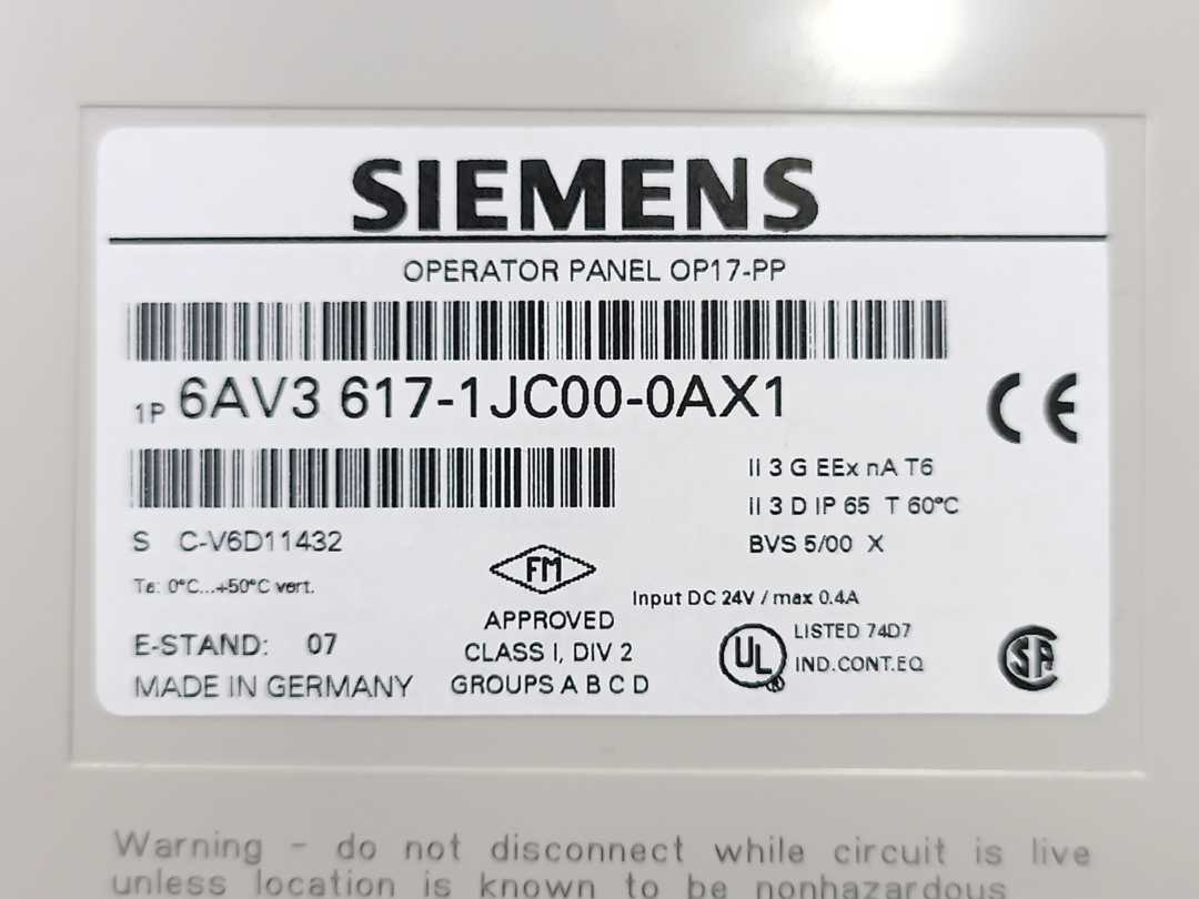 Siemens 6AV3617-1JC00-0AX1 SIMATIC Operator Panel OP 17/PP
