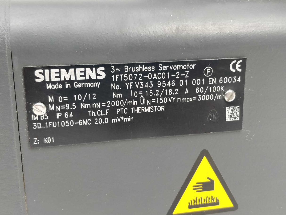 Siemens 1FT5072-0AC01-2-Z Brushless Servomotor
