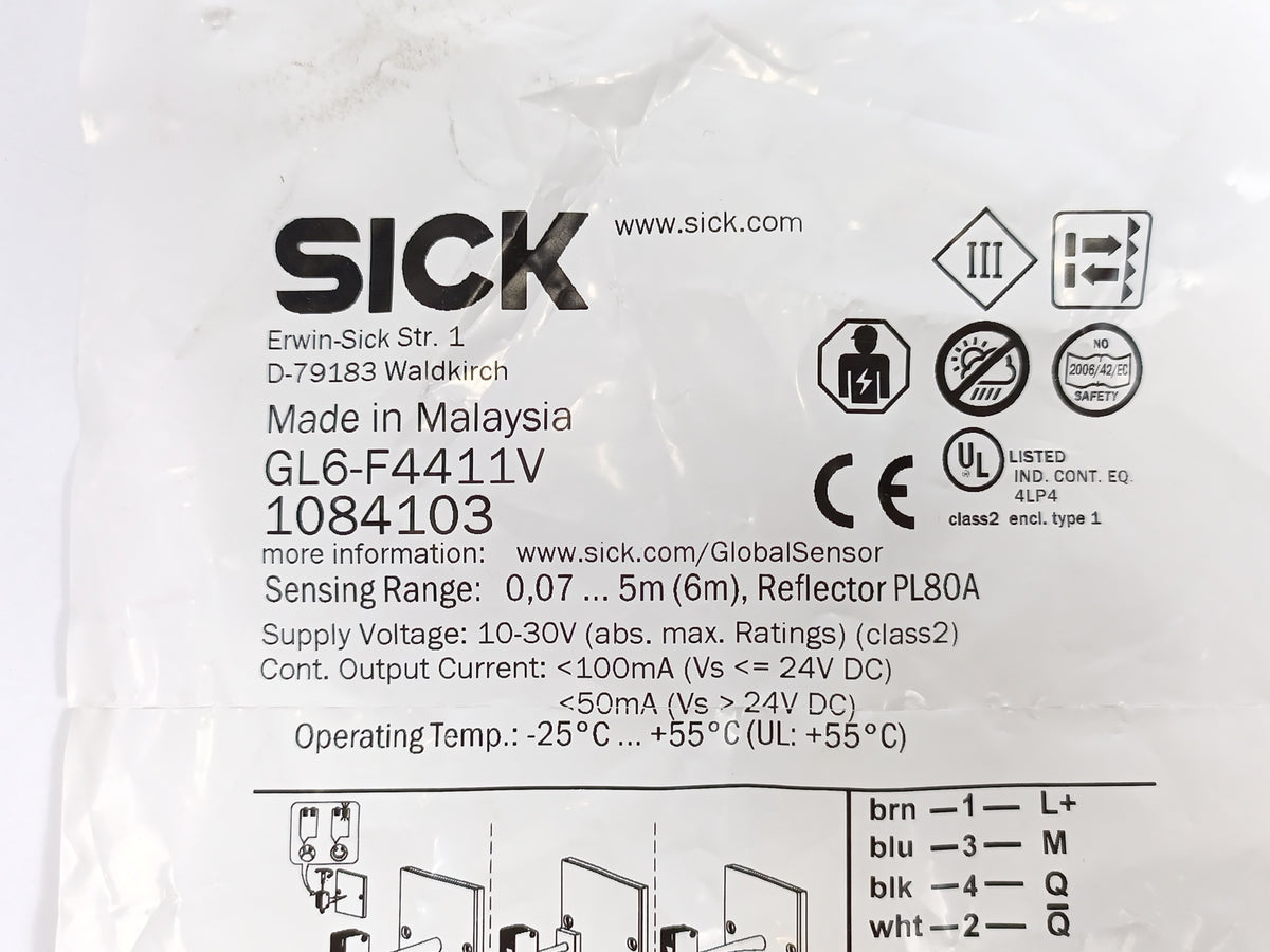 Sick 1084103 GL6-F4411V Photoelectric Retro-Reflective Sensor